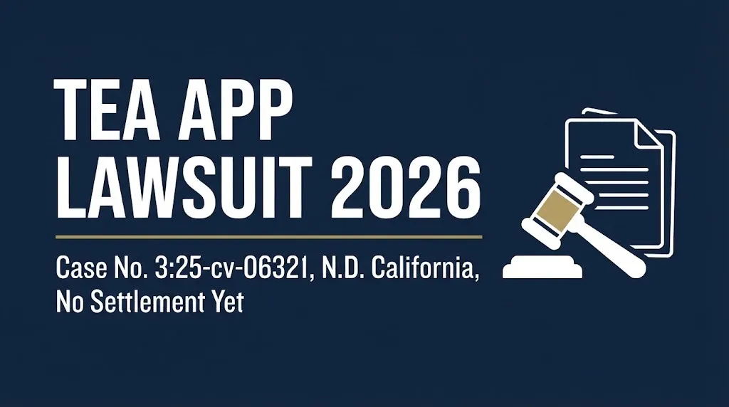 Tea app lawsuit 2026 banner showing case number 325-cv-06321 and pending settlement status.