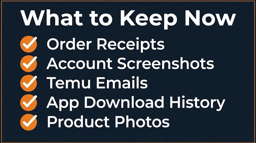 Temu class action preparation checklist showing receipts, account proof, and product records to keep.