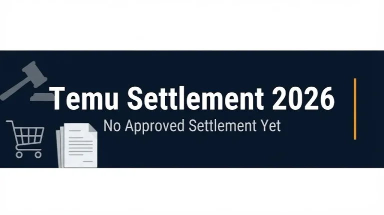 Temu settlement 2026 banner showing no approved settlement yet with legal and e-commerce icons.