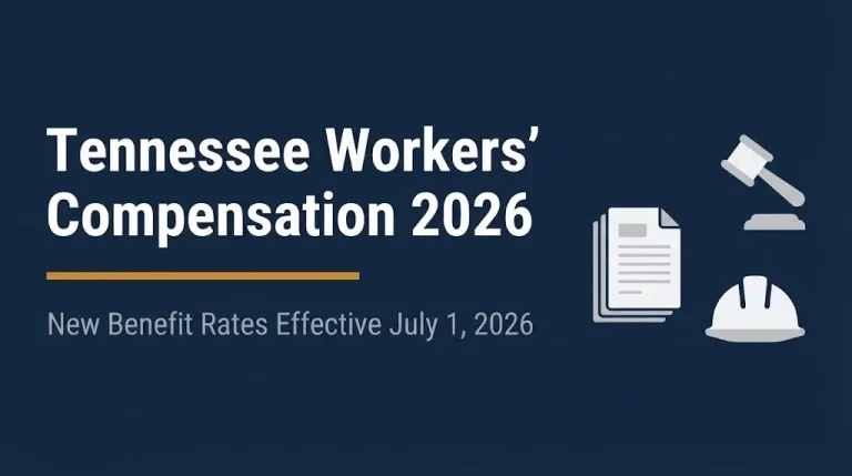 Tennessee workers compensation 2026 banner showing new benefit rates effective July 1 with legal icons.