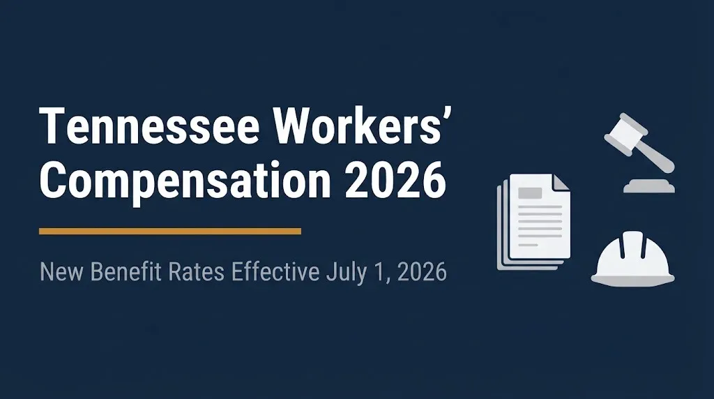 Tennessee workers compensation 2026 banner showing new benefit rates effective July 1 with legal icons.