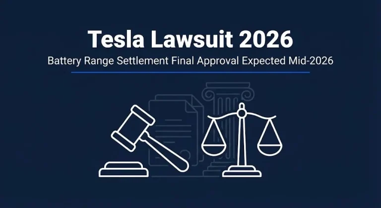 Tesla lawsuit 2026 status banner showing the battery range settlement final approval expected in mid-2026.