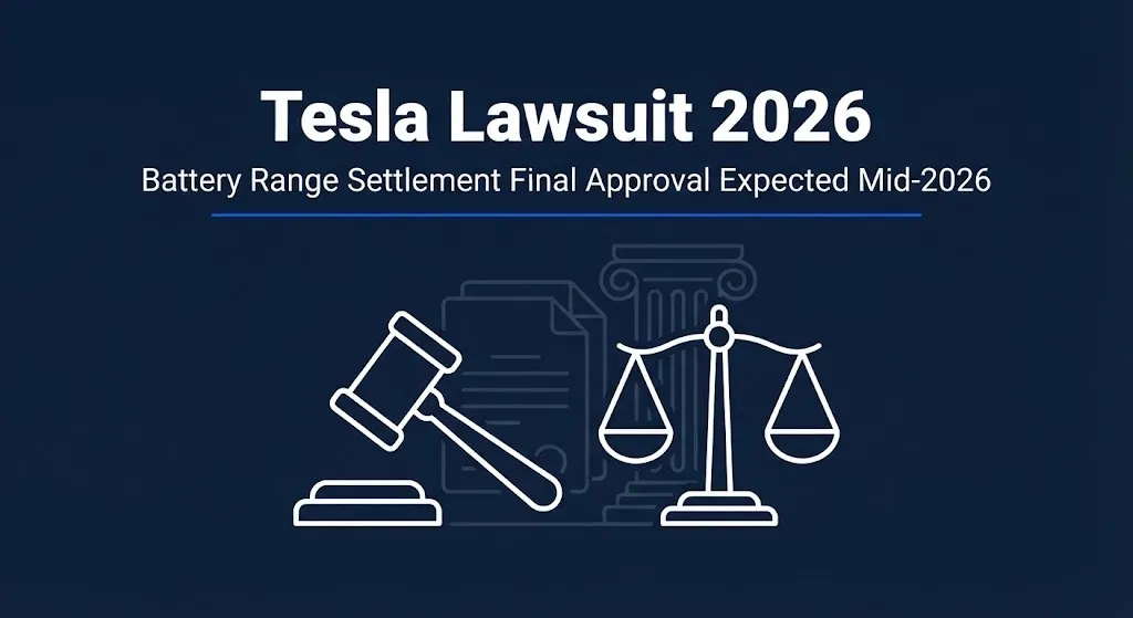 Tesla lawsuit 2026 status banner showing the battery range settlement final approval expected in mid-2026.