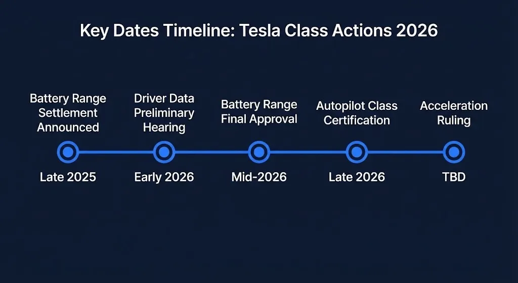 Tesla lawsuit timeline showing key dates from the battery range settlement through the Autopilot class.
