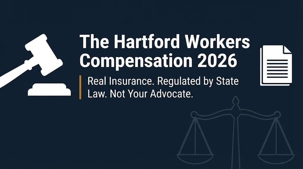 The Hartford workers compensation 2026 banner showing it is real insurance regulated by state law.