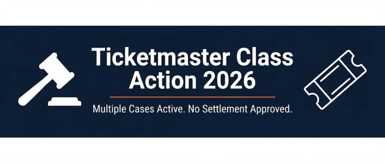 Ticketmaster class action lawsuit 2026 banner showing multiple active cases and no settlement approved with legal symbols.