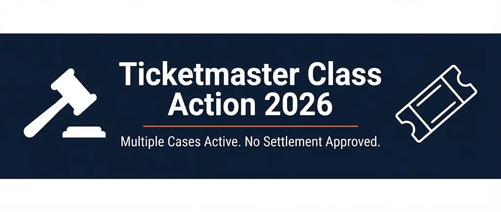 Ticketmaster class action lawsuit 2026 banner showing multiple active cases and no settlement approved with legal symbols.