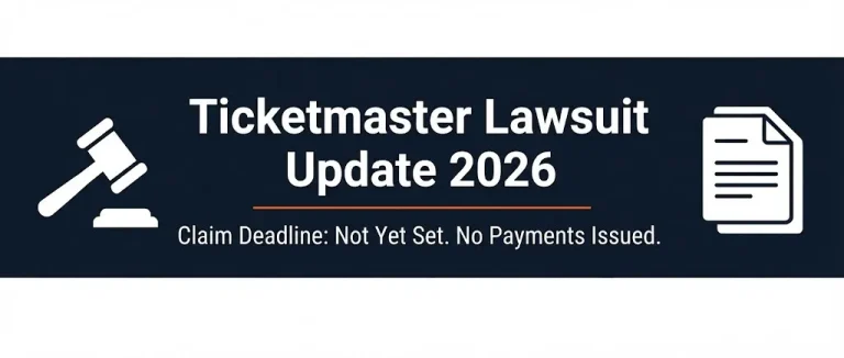 Ticketmaster lawsuit update 2026 banner showing unsettled claim deadline and no payment status with legal symbols.