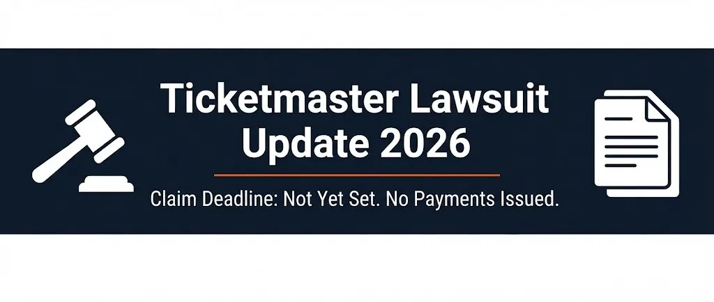 Ticketmaster lawsuit update 2026 banner showing unsettled claim deadline and no payment status with legal symbols.