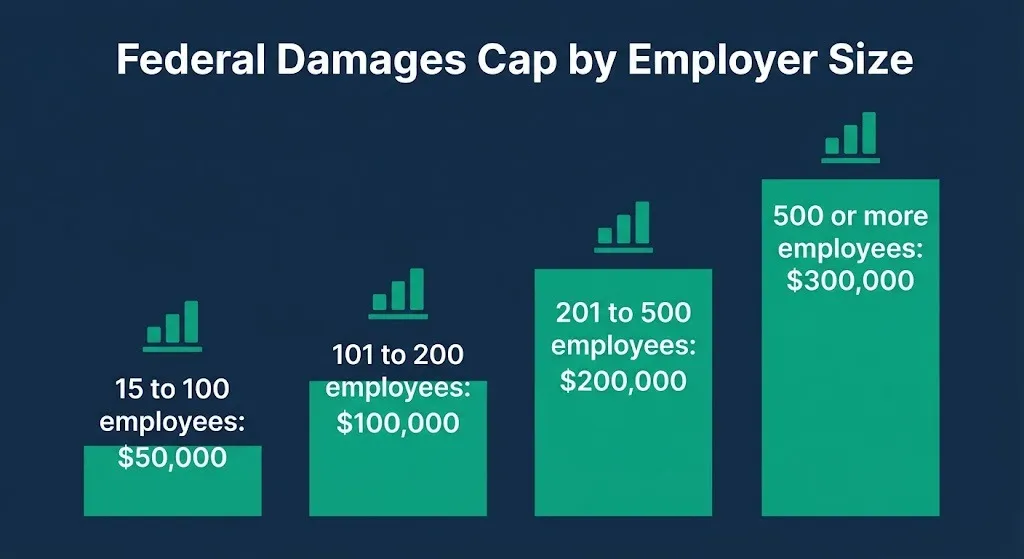 Tier chart showing federal financial compensation caps by employer size for discrimination claims in 2026.