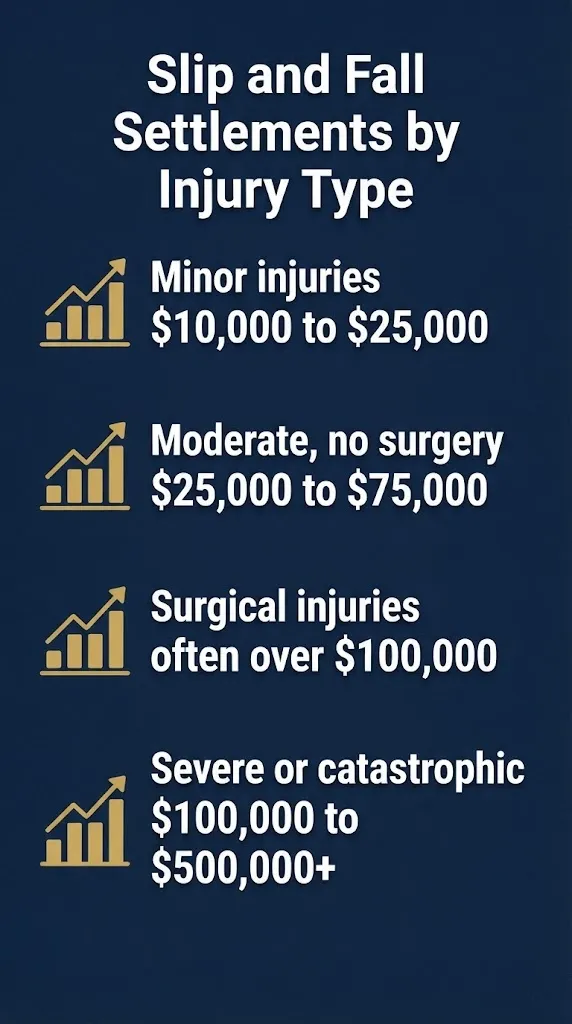 Tier chart showing slip and fall settlement amounts in 2026 by injury severity from minor to catastrophic.