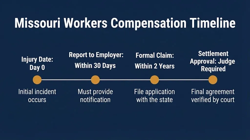 Timeline graphic showing Missouri workers compensation filing deadlines from injury to settlement approval.