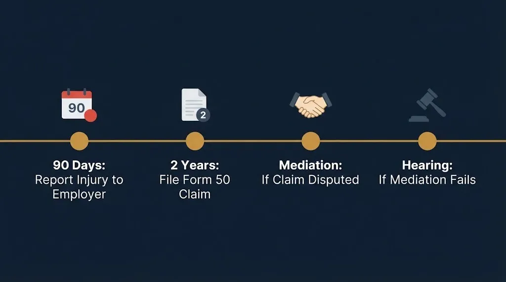Timeline graphic showing South Carolina workers compensation claim deadlines for Charleston area workers in 2026.