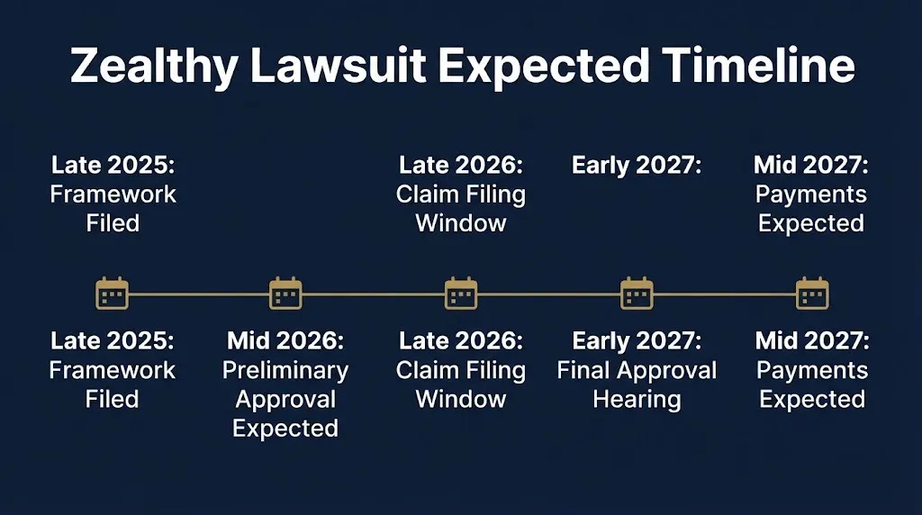 Timeline graphic showing expected Zealthy lawsuit settlement stages from 2025 filing through 2027 payments.
