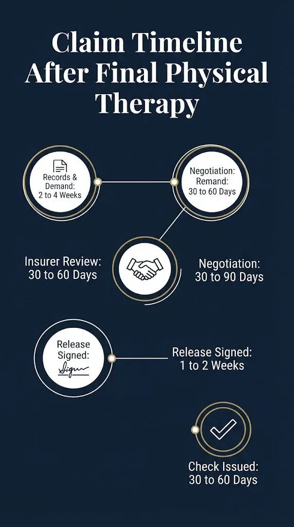Timeline graphic showing five stages from final physical therapy session to settlement check, totaling roughly three to six months.