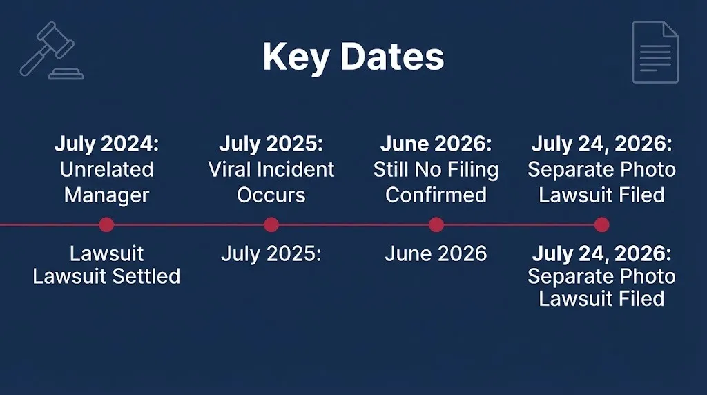 Timeline graphic showing key 2024 to 2026 dates in the Coldplay lawsuit rumors and related real filings.