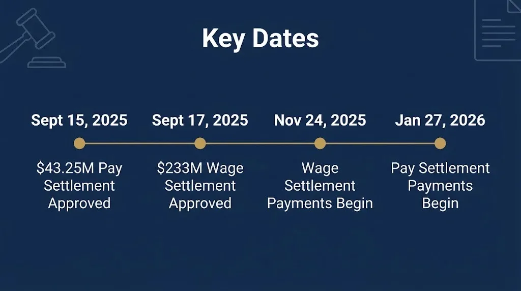 Timeline graphic showing key 2025 to 2026 approval and payment dates in the Disney lawsuit settlements.