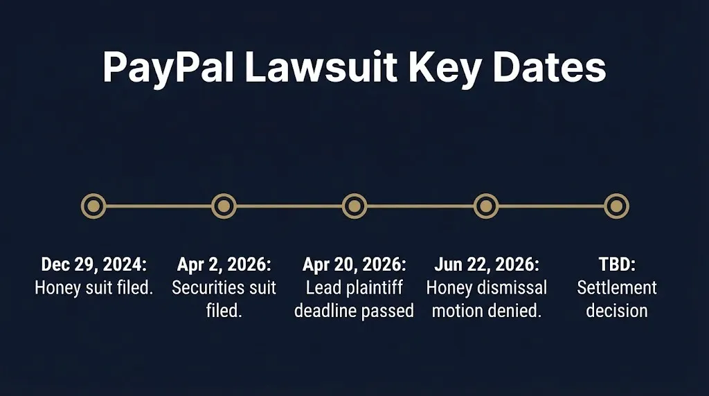 Timeline graphic showing key 2026 dates in the PayPal class action lawsuit including the Honey case ruling.