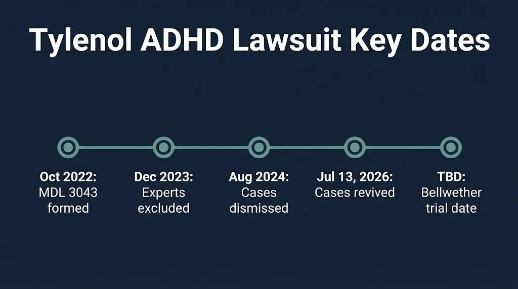 Timeline graphic showing key 2026 dates in the Tylenol ADHD lawsuit including the July 13 revival ruling.