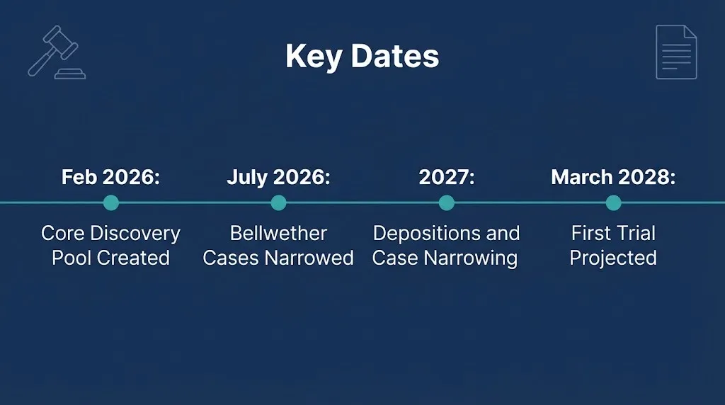 Timeline graphic showing key 2026 to 2028 court dates in the Suboxone class action lawsuit MDL 3092.