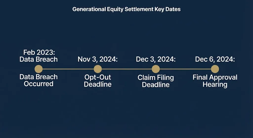 Timeline graphic showing key Generational Equity lawsuit settlement dates from the 2023 breach through approval hearing