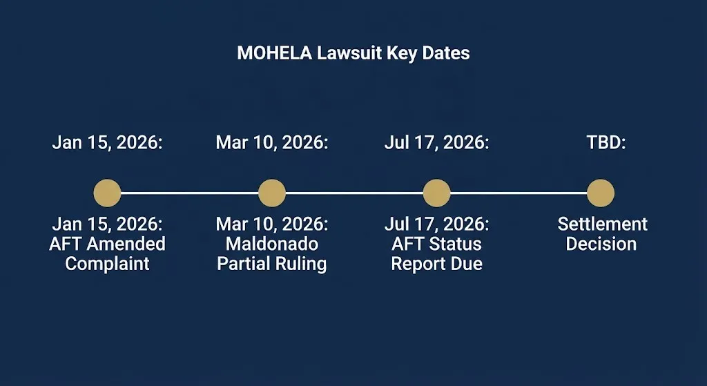 Timeline graphic showing key MOHELA lawsuit dates from January 2026 through the pending July 2026 status report