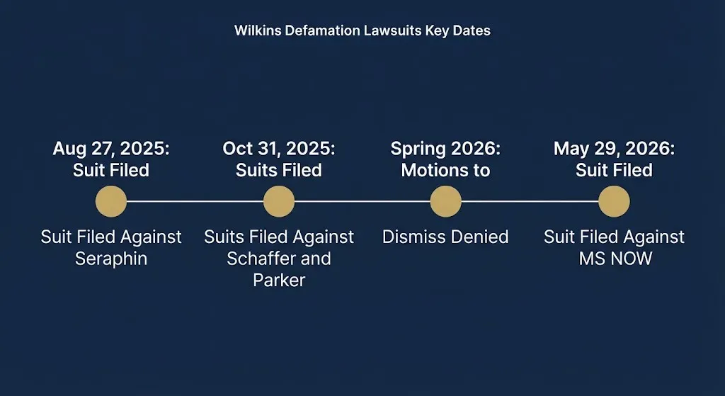 Timeline graphic showing key dates in the Kash Patel girlfriend defamation lawsuit cases from August 2025 through May 2026