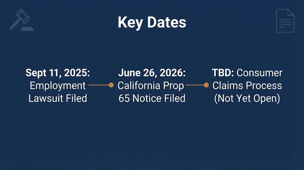 Timeline graphic showing key filing dates in the Wellness Company lawsuit and Prop 65 notice through 2026.