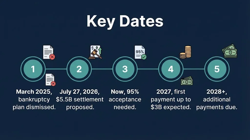Timeline graphic showing the Johnson and Johnson lawsuit update 2026 key dates for the proposed talc settlement.