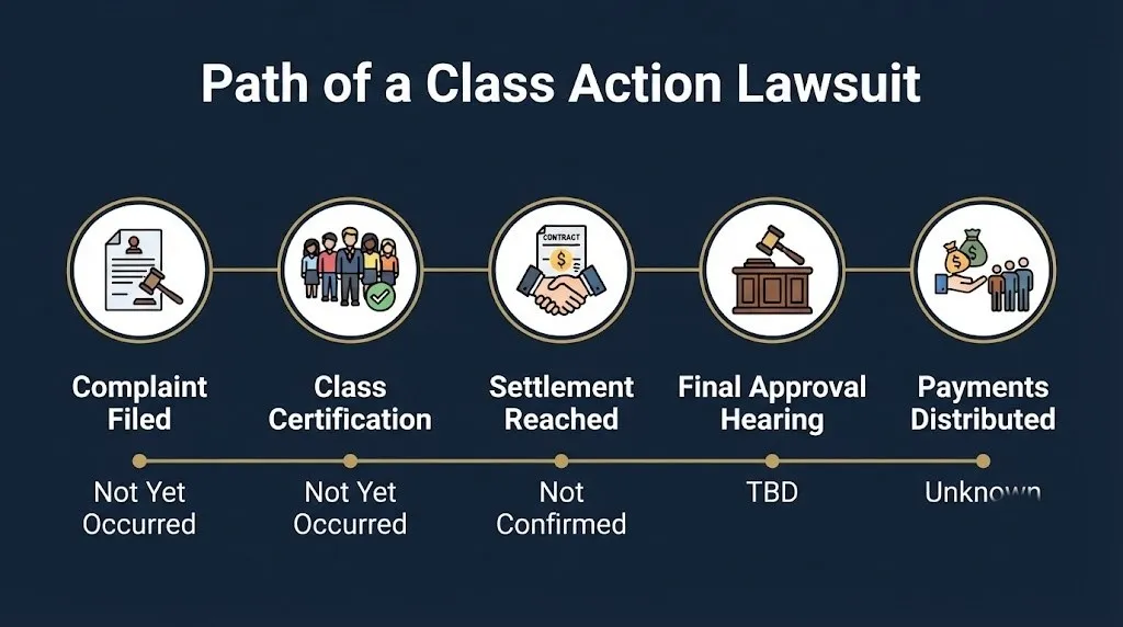 Timeline infographic showing stages of a class action lawsuit with Camp Mystic case status as unconfirmed for each stage.