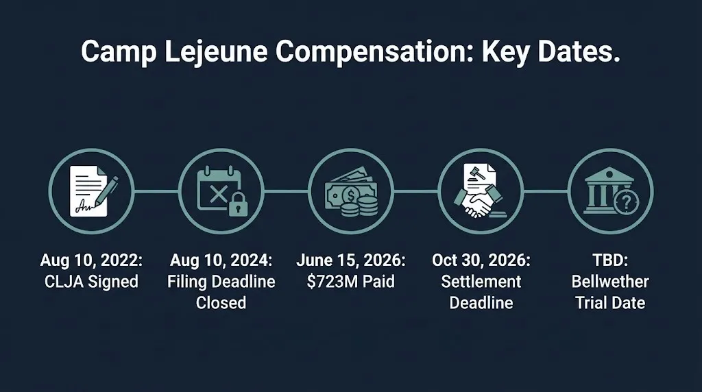 Timeline of Camp Lejeune compensation key dates through the October 30, 2026 settlement deadline.