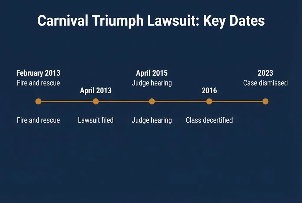 Timeline of Carnival Triumph poop cruise lawsuit showing key dates from 2013 fire to 2023 dismissal.