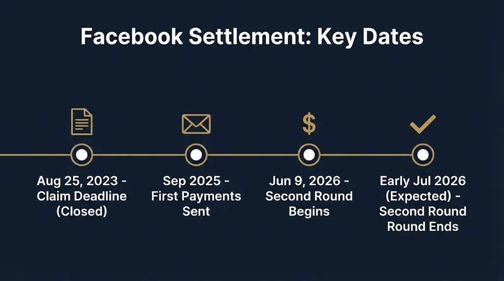 Timeline of Facebook lawsuit settlement key dates from the 2023 claim deadline through the 2026 second payment round.