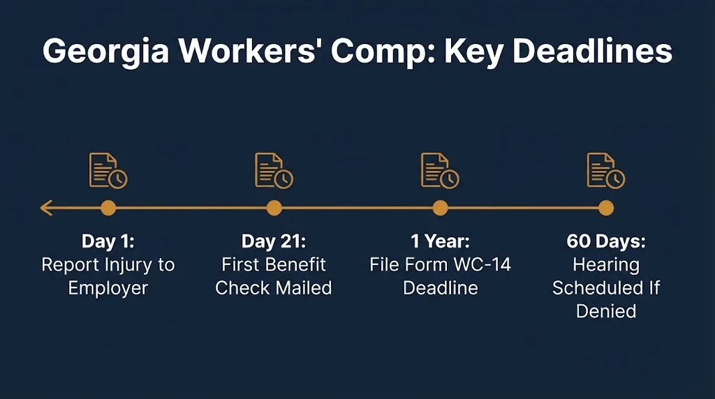 Timeline of Georgia workers compensation law deadlines including the 1 year claim filing limit