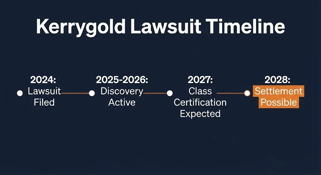 Timeline of Kerrygold butter lawsuit key dates from filing through possible 2028 settlement.
