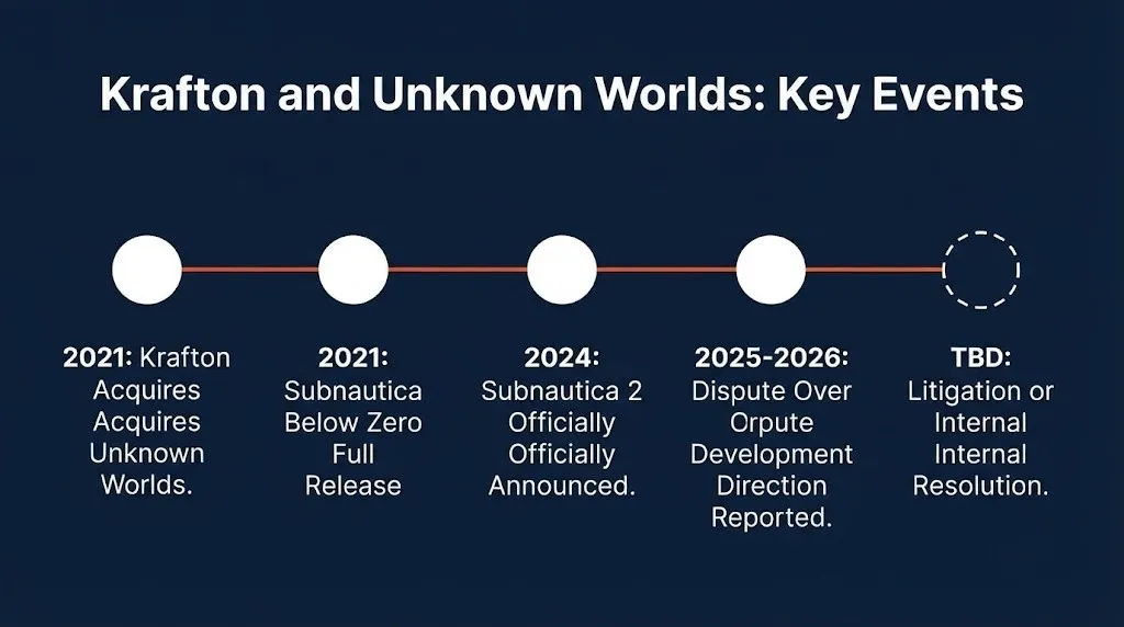 Timeline of Krafton Unknown Worlds dispute from 2021 acquisition through 2026 development conflict.