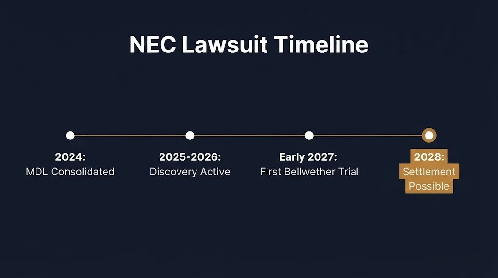 Timeline of NEC baby formula lawsuit key dates from MDL consolidation through possible 2028 settlement.