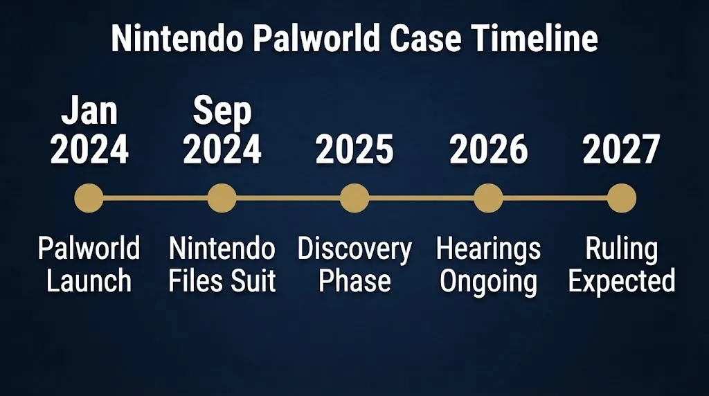 Timeline of Nintendo Palworld patent lawsuit key dates through 2027