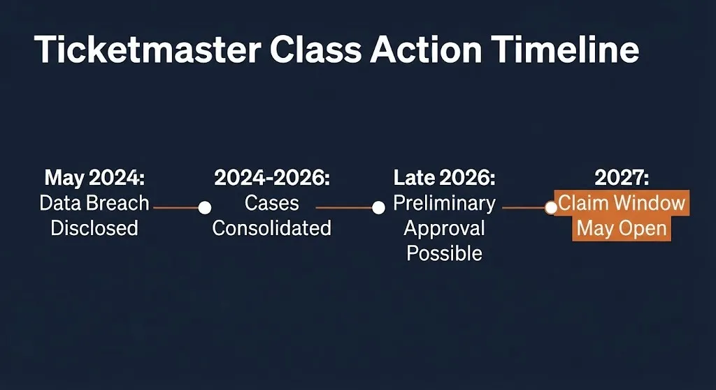 Timeline of Ticketmaster class action lawsuit key dates from data breach disclosure through possible 2027 claim window.