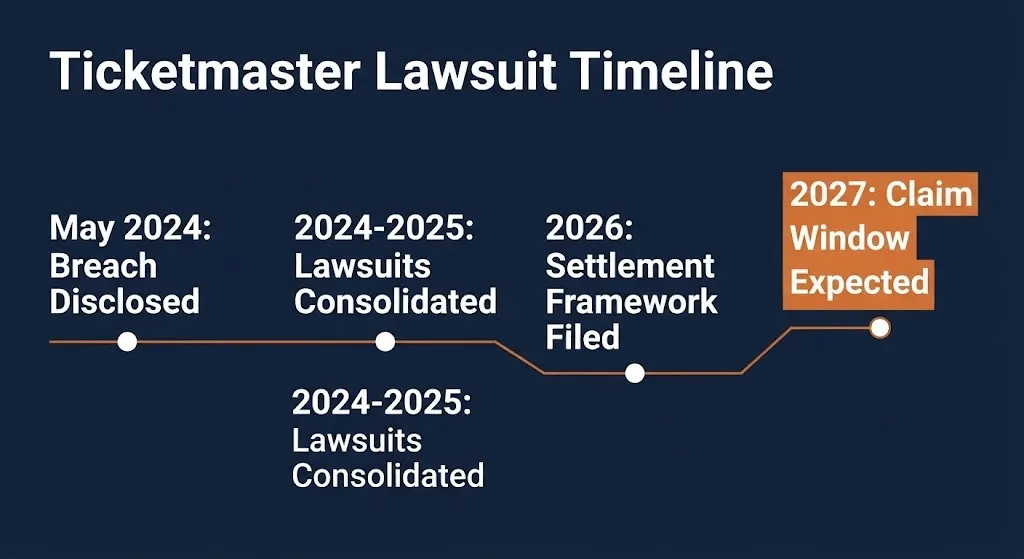 Timeline of Ticketmaster lawsuit key dates from 2024 breach through expected 2027 claim window.