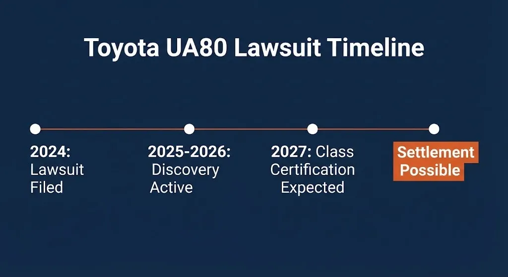 Timeline of Toyota UA80 transmission lawsuit key dates from filing through possible 2028 settlement.