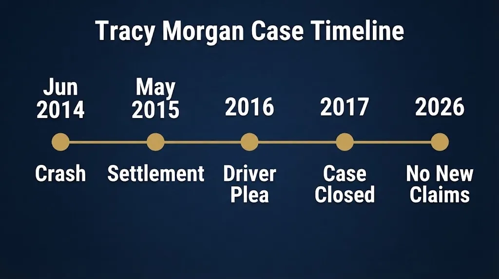 Timeline of Tracy Morgan Walmart case from 2014 crash to 2026 status