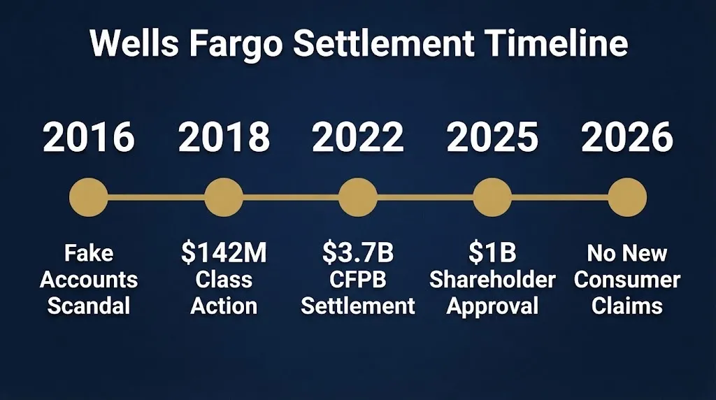 Timeline of Wells Fargo settlements from 2016 fake accounts to 2026 status