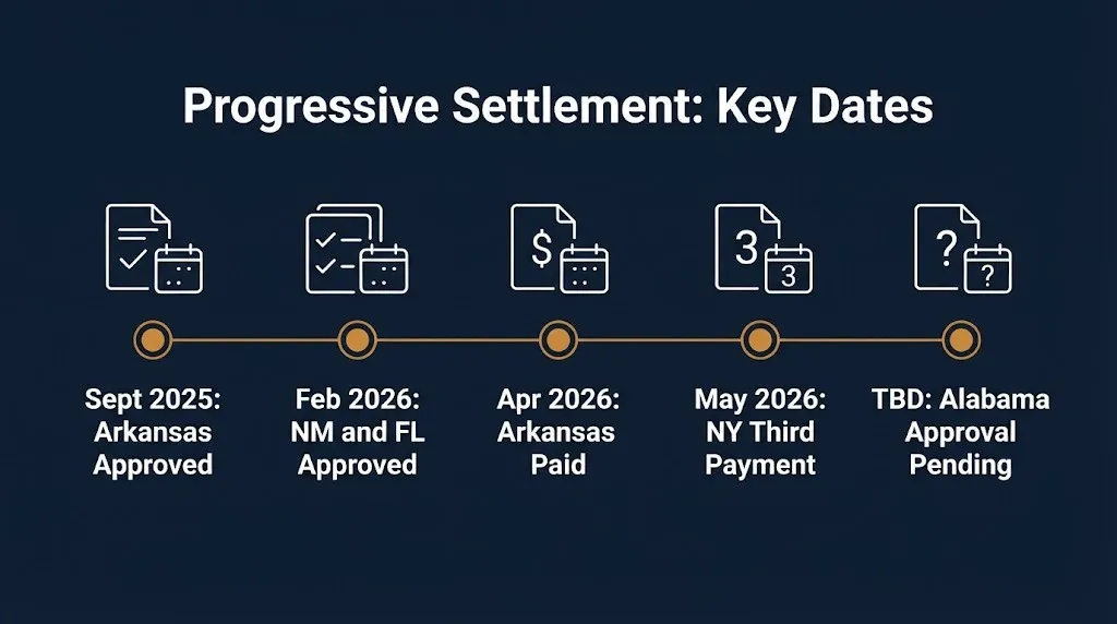 Timeline of confirmed progressive class action lawsuit settlement dates from September 2025 through 2026.