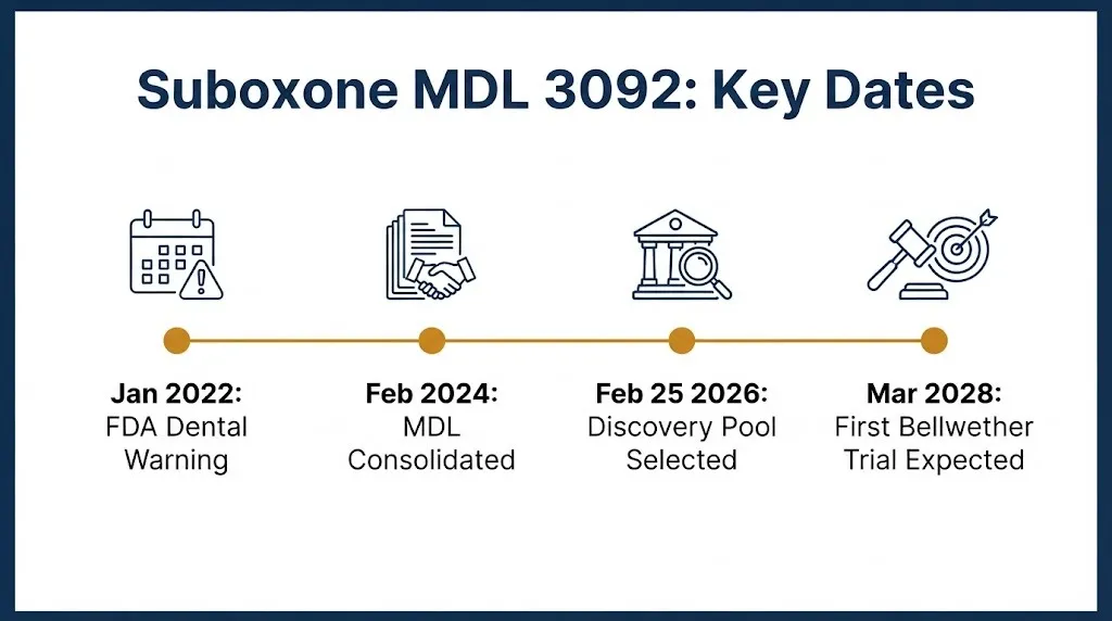Timeline of confirmed suboxone lawsuit MDL dates from the 2022 FDA warning through the 2028 bellwether trial.