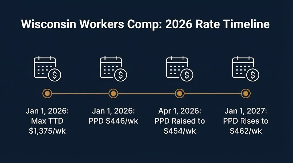 Timeline of confirmed wisconsin workers compensation rate changes from January 2026 through January 2027.