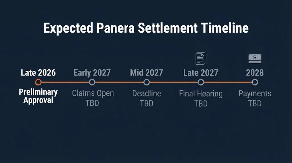 Timeline of expected Panera data breach settlement milestones from 2026 approval through potential 2028 TBD.