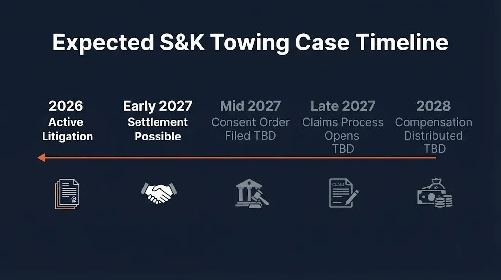 Timeline of expected S&K Towing DOJ case milestones from 2026 litigation through potential 2028 TBD.