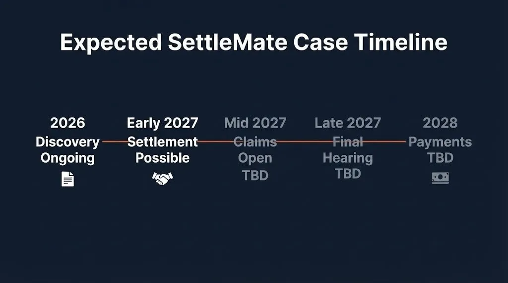 Timeline of expected SettleMate class action milestones from 2026 discovery through potential 2028 payments.