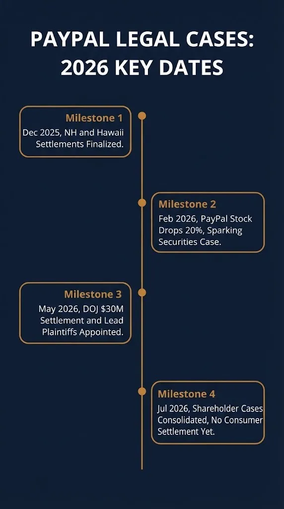 Timeline of key 2026 PayPal lawsuit dates across the securities, state, and federal settlement cases.